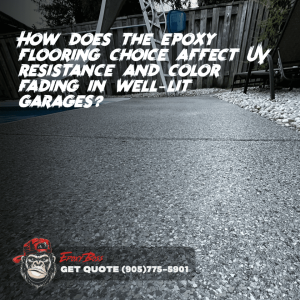 How does the epoxy flooring choice affect UV resistance and color fading in well-lit garages?