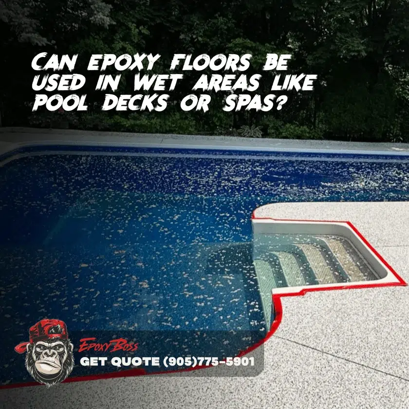 Can epoxy floors be installed in areas with high levels of moisture or water exposure, such as swimming pool decks or spas?
